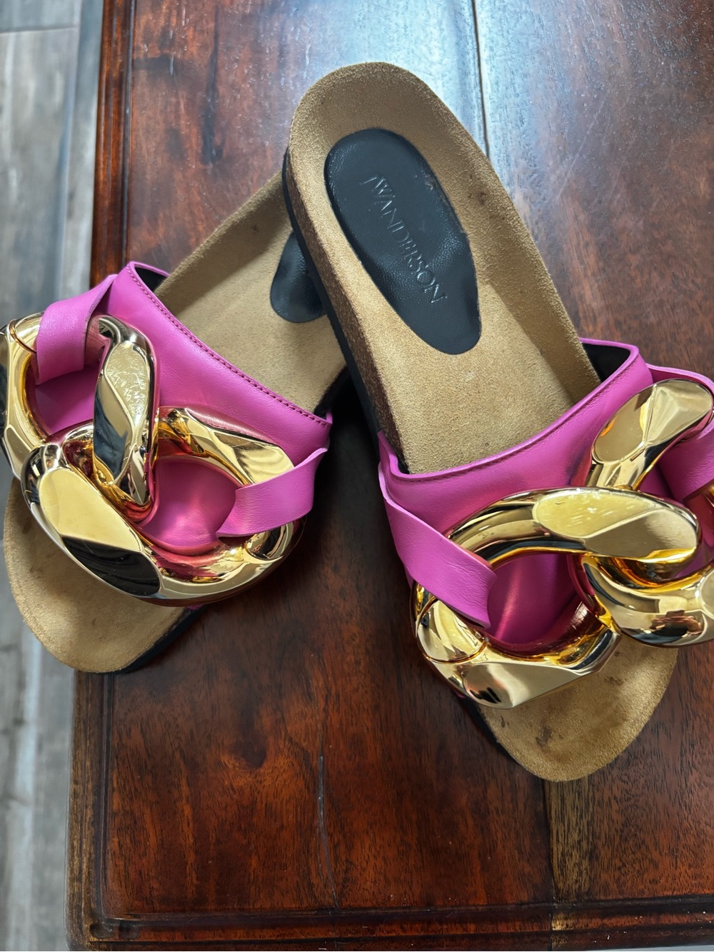 JW ANDERSON Pink Slide Mules with Gold Chain Detail
